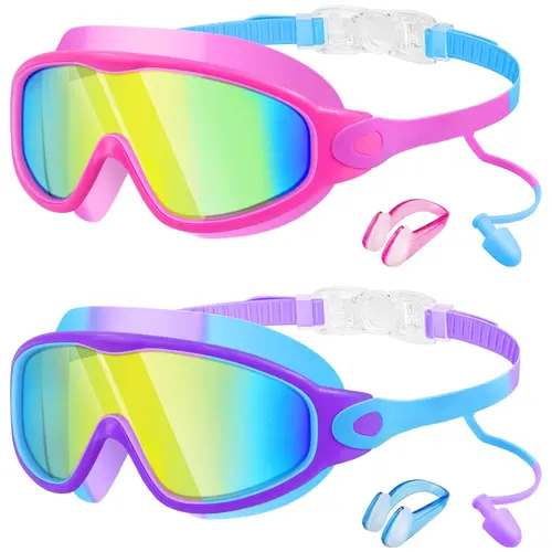 [Clearance]Swim Goggles 2 Pack, Kids Swimming Goggles with Earplugs&Nose Clip Wide View Anti-Fog/UV, Swim Glasses Adjustable Straps for Age 3-15 Boys Girls summerwins