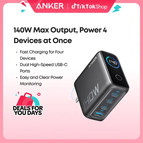 [Live Only] Anker 140W Laptop Charger, 4-Port Multi-Device Charging, 140W Max USB-C Charger, Advanced GaN Power, Intuitive Touch Controls, for MacBook, iPhone 16 Series, Galaxy, Pixel, and More sohochic, Usb C Adapter, Typec Fast Charging