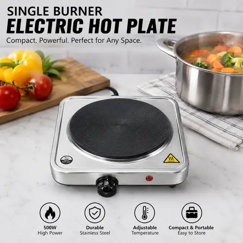 AORAN 1-Burner Compact Countertop Hot Plate - Portable Electric Stove with Adjustable Temperature Control, Stainless Steel High-Power Burner Head, Small Hot Plates for Apartment, RV Indoor Use