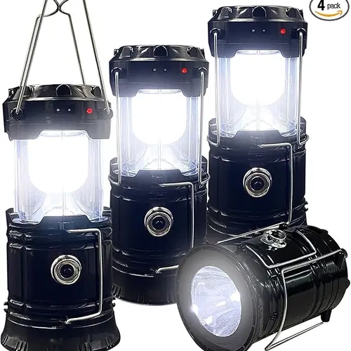 4-Pack Foldable Compact LED Lanterns - Durable, Waterproof, Solar-USB Rechargeable, Solar Powered, Brightness Adjustable, Heat/Freeze Ready, Batteries-Included Emergency Lights with Flashlight Mode, Carries in Small Bags, for Home Power Outages, Hiking, F