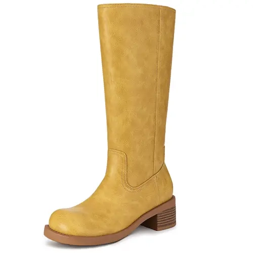 Women's Classic Cowboy Boots - Stylish PU Leather, Slip-On, Square Toe, Chunky Low Heel, Wide Calf Fit, Mid-Calf Option, TPR Sole, Neutral, Athletic, Shoes for Women, Casual-to-Dressy Footwear Fashion, All Seasons Basic Boots