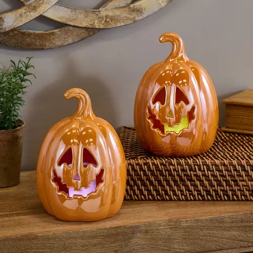 Set of 2 7" Illuminated Ceramic Jack-O-Lanterns by Valerie