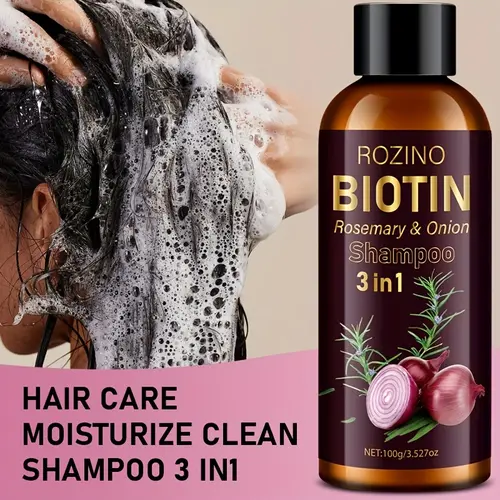 Rozino Biotin 3-in-1 Hair Care Shampoo with Rosemary & Onion - Unisex Natural Cleansing Liquid, Nourishing Formula, 100g, No Silk Protein/Conditioner, Single Item, Back to School