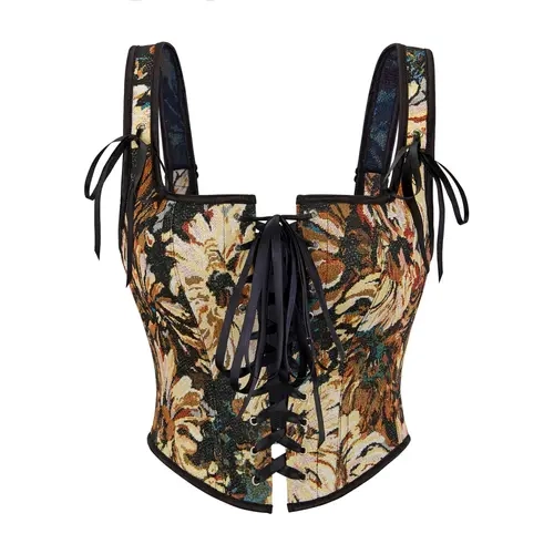 Women's Overbust Floral Print Sleeveless Lace-Up Adjust Corset Top - Lady Cute Vintage Renaissance Bodice, Front Lace, Fabric Zipper Shapewear Tank, Basic Party Valentine's Day Costume (73028-D1)