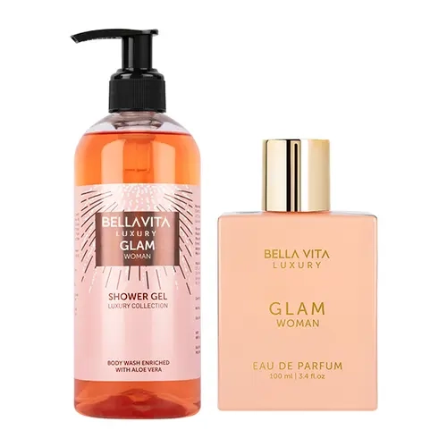 BellaVita Luxury Glam Perfume & Body Wash Combo for Women | Eau De Parfum with Jasmine, White Honey, Rose & Cedar (100ml) + Fruity Floral Shower Gel with Aloe Vera (500ml) | Gentle, Refreshing & Long-Lasting Premium Daily Care Set