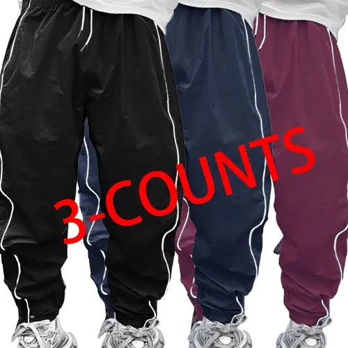 Men's Three-Piece Elastic Waist Tapered Pants Set, Side Stripe Design, Drawstring Waistband, Casual Daily Wear for Men