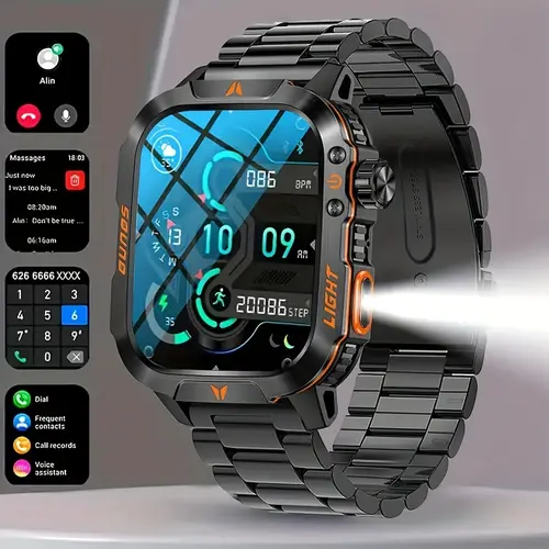 Men's Military Smart Watch Compass IP68 Waterproof Answer/Make Call Function Outdoor Smart Fitness Watch Heart Rate for Android & iOS
