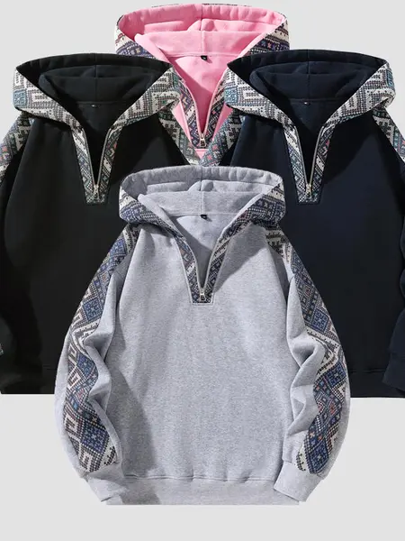 Men's Knit Half-Zip Hoodie, Vintage Ethnic Patchwork Pullover with a Casual Slim Fit, Warm Streetwear Top for Fall