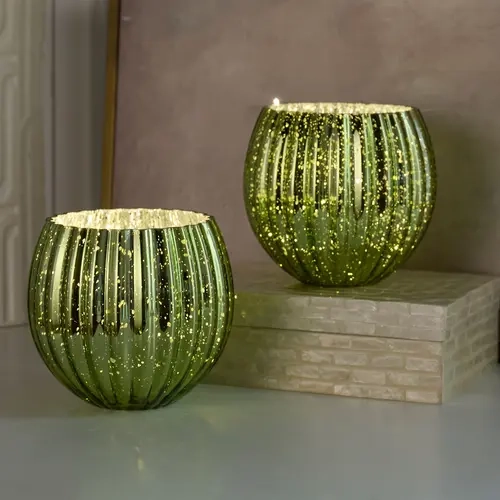 Set of 2 Illuminated 6"D Ribbed Mercury Glass Rose Bowl