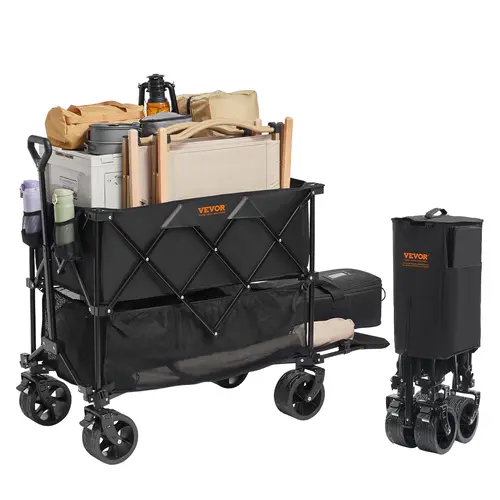 【Summerfinds】VEVOR Foldable Double Layer Iron Frame Wagon Cart, 450lb Capacity, Stain-Resistant Waterproof 600D Oxford, 7x4 Swivel Wheels Glide, 52in Extender, 137L Lower Space, 0-90 Degrees Adjustment, Compact Pack for Outdoor Camping Family Storage Haul