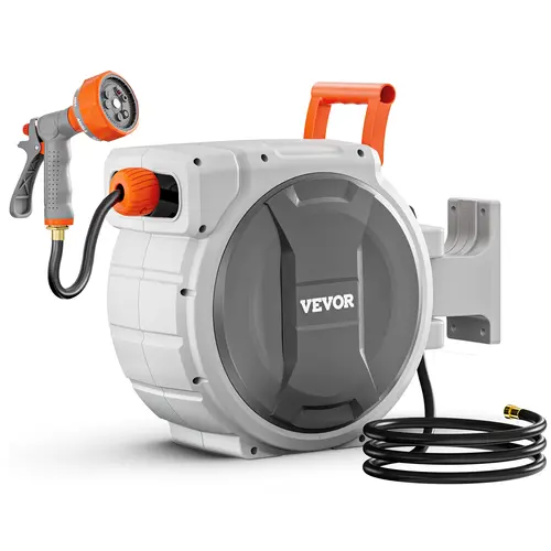 【toolupgrade】VEVOR Polypropylene Retractable Extendable Garden Hose Reel, 1/2 in x 84 ft Wall-Mounted Unit with Ratchet Lock, Slow Rewind, 200psi Pressure-Tested Garden Sprayer Nozzle, 180° Swivel Reach, 625 sq ft Wide Cover, Plant Watering Tool