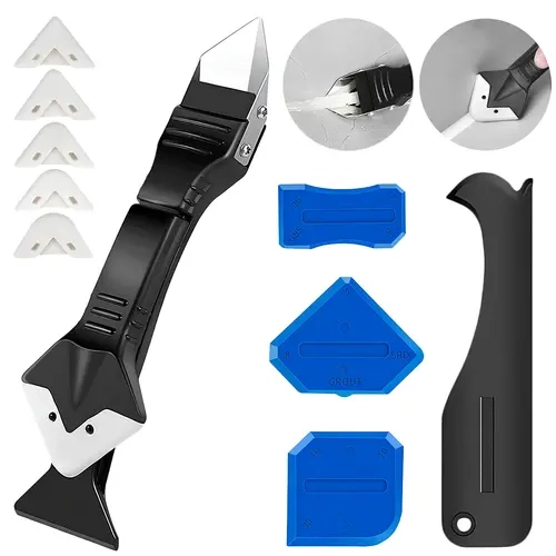 5-in-1 Steel & Plastic Silicone Caulking Multi-Tool with Grout Rip + Smooth Function, Long-Lasting Strength - Home & Interior Bathroom Sealant Finisher, Glass Glue Opener for Sink, Tank Joint Sealing