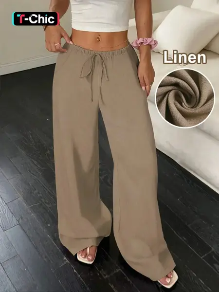 Women's Casual Loose Fit Lightweight Linen Breathable Wide Leg Pants, Casual Mid Waist Long Trousers, Comfortable Summer Fashion, One Piece Ladies Clothing