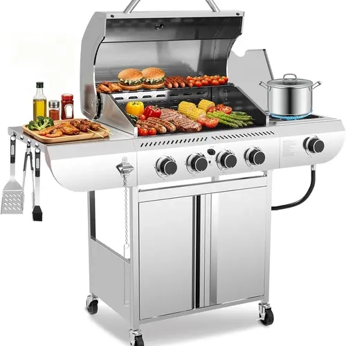 XBEAUTY Large Propane Barbecue Grill - 4-Burner 42000 BTU Outdoor Unit with 10000 BTU Side Element, 530 sq. in. Cooking Area, 3 Enamel-Coated Grates, 304 Stainless Steel Components, Cabinet Storage, Electronic Ignition for Patio, Backyard, Camping Use