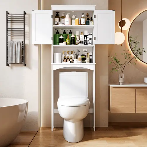 Gizoon 66" H Modern Style Rectangular Free-Standing Wooden Over-The-Toilet Storage Cabinet, Easy Assembly, Neutral Tone, Waterproof Finish, 32.3" Clearance, Double Doors, 3-Level & Adjustable Open Shelves, Bathroom Space Saver