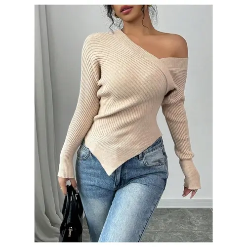 Women's Off-Shoulder Ribbed Knit Sweater Top, Asymmetrical Wrap, Soft Stretchy Fabric, Slim Fit, Casual Elegant, Classy Going Out