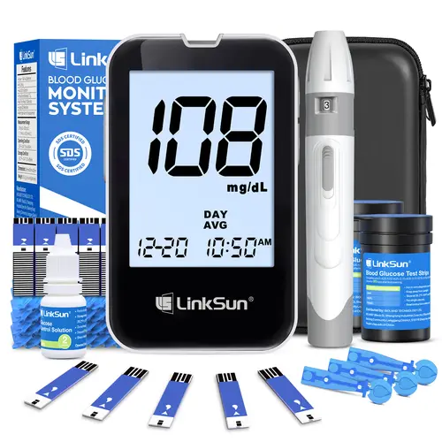 LINKSUN G-425-2V ISO Standard Portable Blood Glucose Monitor Kit - No Coding Accurate Home Diagnostics Health Monitor for Diabetics, 1 Glucose Meter, 1 Lancing Device, 100 Test Strips, 100 Lancets, Battery Included (Gift Idea)