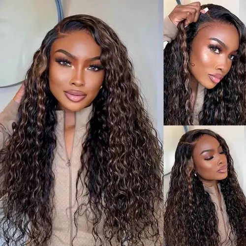 【Salon Ready】Water Wave 360 Lace Frontal Wig with Invisi Strap Brown Balayage Highlight Adjustable Fit Pre-Bleached and Pre-Cut Skin Lace