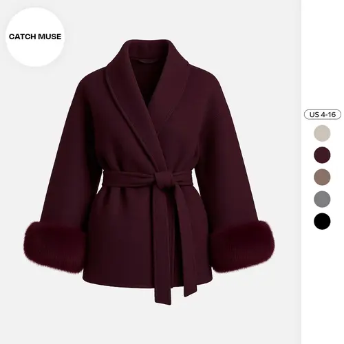 Katch Me Chic (US) Women's Elegant Solid Color Waist Tie Fuzzy Cuff Wrap Coat, Premium Plush Long Sleeve Thermal Coat, Outerwear Jacket for Fall & Winter
