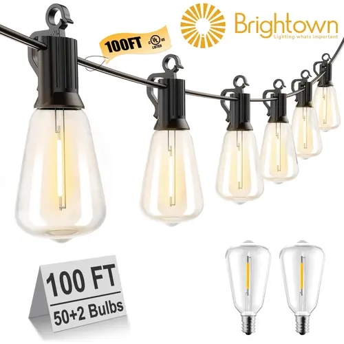Brightown 100FT LED Fairy String Lights, 50+2 Shatterproof ST38 Dimmable Edison Bulbs, Waterproof 2700K Warm White Light, 30000 Hours Service Life, for Patio Decor, Front Porch Christmas Decor, Home Improvement
