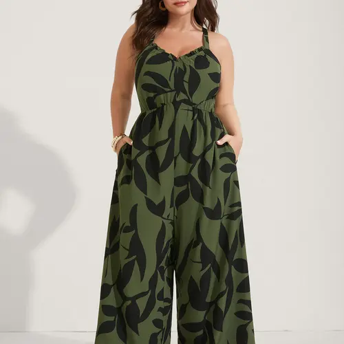BLOOMCHIC Plus Size Bohemian Wide Leg Overalls Wide Leg Jumpsuit - Floral Print, Sweetheart Sleeveless, Pocket-Equipped, Flattering Fit, Sizes M-6X, 2026 Summer Casual Rompers, Blue Boho Clothes,Spotlight,Summer wins,Deals for you days,vacat Blue Vneck
