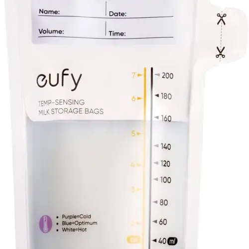 eufy BPA-Free Breastmilk Storage Bags for Breastfeeding Mothers (0–3 Months), 7 oz Large Capacity Disposable Leakproof Double-Zipper Bags with Color-Changing Technology Blue Cue: Milk Ready to Feed, 120 Pieces