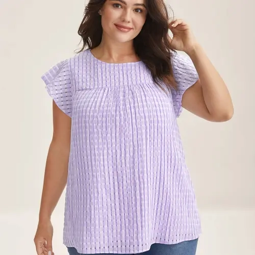 BloomChic Textured Sheer Lined Flutter Sleeve Blouse 【M-6XL】