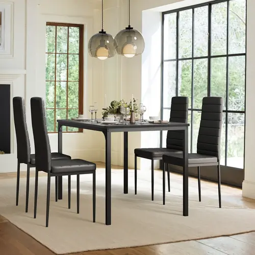 Gizoon 5-Piece Grey Rectangular Solid Wood Dining Table Set of 4 - Durable Industrial Contemporary Compact Space-Saver Indoor Furniture, 4 Ergonomic Upholstered PU Leather Chairs, Wipe-Clean, Assembly Guide for Small Apartments