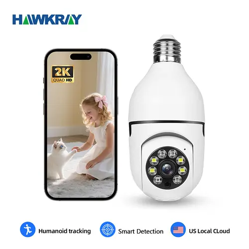 HAWKRAY 4MP Smart Light Bulb Camera, Wireless Indoor Portable Security Camera, Plug-In Mount, Easy Socket Installation, Dual-WiFi Link (5G/2.4G), Full-Color Night Vision, Motion Sensor & Tracking, 2-Way Audio, App Control, US Cloud, Cord Safety (0.25kg)