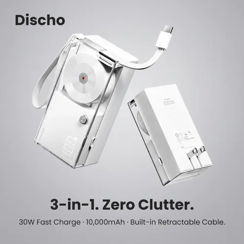 SHARGE Discho Hybrid Battery Power Bank - 10000mAh 30W GaN Fast Charging Retro EDC Tool, 2ft Retractable USB-C Cable, Built-in Wall Plug, Cool Mobile Device Accessories, Travel-Friendly Transparent Handheld Charger for Smartphones, Gadgets