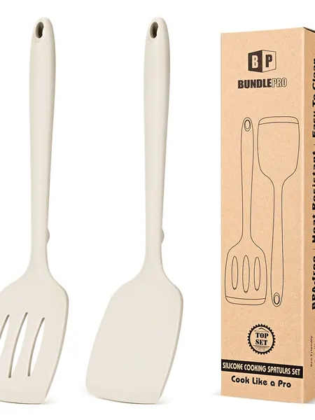 2-Piece Silicone Spatula Turner Set, Non-Stick Slotted Grill Spatula Set, Heat-Resistant BPA-Free Kitchen Gadgets, 1-Piece Design Silicone Cooking Spoon, Ideal for Cooking Fish & Pancakes, Khaki