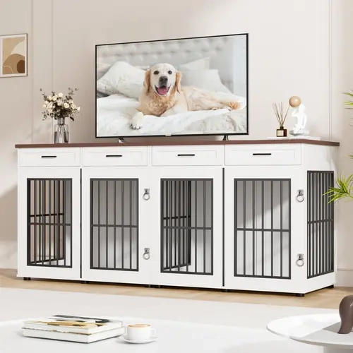 VOWNER 86.7" Double Dog Crates Furniture, Large Farmhouse Dog Kennel with 4 Drawers as TV Stand, Heavy Duty Dog Cage for 2 Large Dogs, Wooden Pet House with Removable Room Divider and 2 Lockable Doors