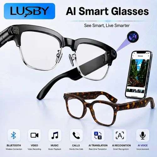 LUSBY Wearable Smart Glasses - Round Unisex Half-Frame, 1080p Camera Capture, Bluetooth Intelligent AI, Auto Color-Changing Interchangeable Lenses, Lightweight for Travel Recording/Voice Calls, Real-Time Translation, Cool Adult Gifts, Smart Glasses Wi