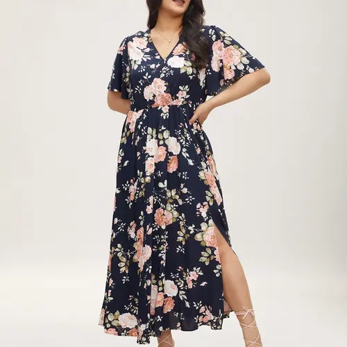 BloomChic Plus Size Women's Casual Bohemian Ditsy Floral Rayon Fabric Garment Maxi Dress - V-Neck, Half-Sleeve Ruffle, Pockets, Low-Iron Piece, Brunch Outfit, Affordable Fashion，SohoChic