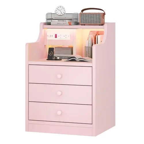 Sikaic Pink LED Nightstand with 3 Storage Drawers and Built-in Charging Station, Modern Bedside Table for Bedroom, Home Furniture Christmas Gifts cozy home familyfun [TikTokShopblackfriday]