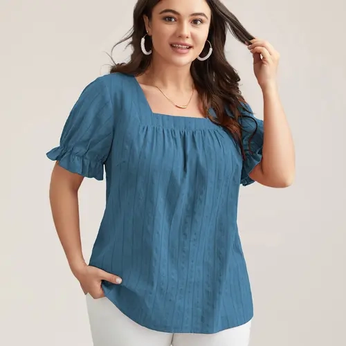 BloomChic Cotton Square Neck Ruffled Sleeve Blouse 【M-6XL】