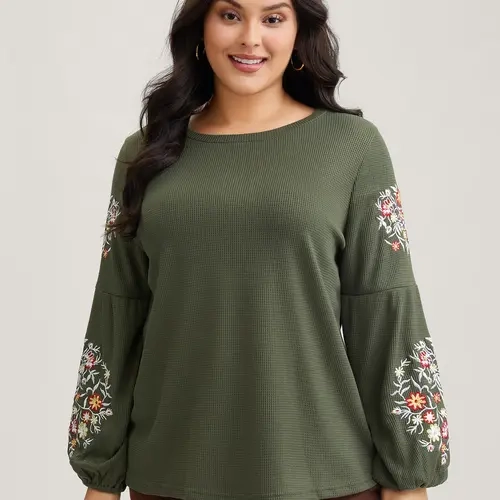BloomChic Waffle Knit Floral Embroidered Lantern Sleeve T-shirt 【M-6XL】