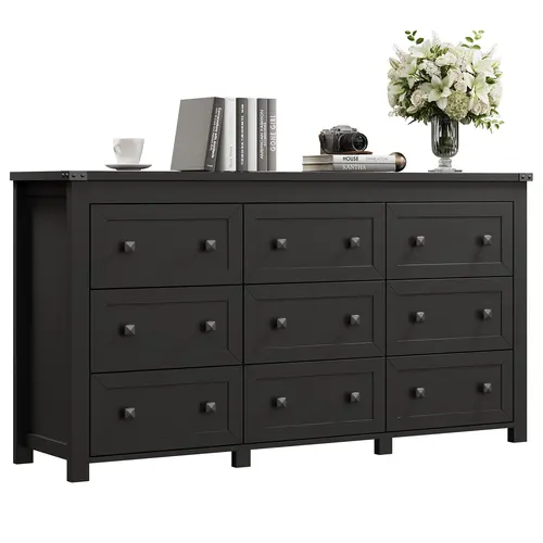 Aesthetic White Engineered Wood Dresser - 9-Drawer, Sturdy Thick Legs, Metal Handles, French Country Farmhouse Modern Accent Cabinet, Wide Storage Furniture for Modern Bedroom, Playroom