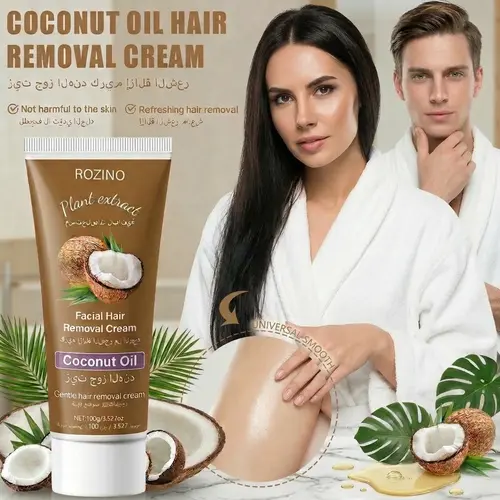 ROZINO Depilatory Cream for Face & Body - Gentle Coconut Oil Hair Removal Cream, 100g, Painless Sensitive Skin Formula, Smooth Results, Prevents Irritation, Cosmetic Body Care Hair Removal Lotion