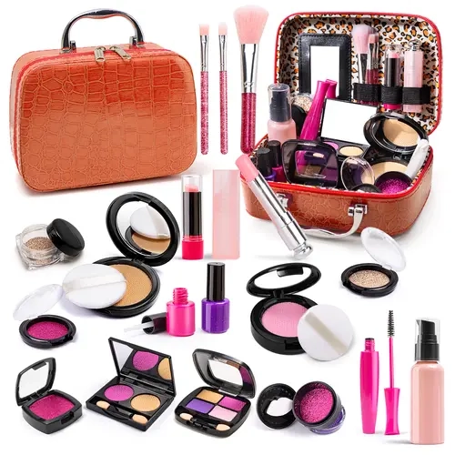 Kids Vanity Simulated Makeup Kit for Toddlers 3-10 Years, Portable Pretend Play Set with Washable Makeup Bag, Easy Storage, Ideal for Birthdays, Toddler Girl Stuff with Cosmetic Bag Accessories