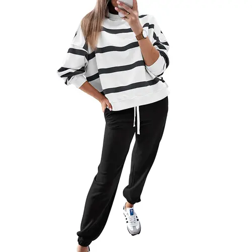 Mntaor Women's 2-Piece Striped Set - Longsleeves Drop Shoulder Soft Pullover Top & Jogger Pants, Winter Casual Comfortable Everyday Fashion Clothes