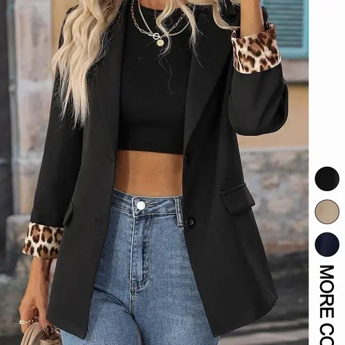 Classic Solid Color Leopard Print Patchwork Button Casual Blazer with Shoulder Pads Business Attire for Spring & Fall, Fitted Style Outerwear Fitted Blazer Jacket