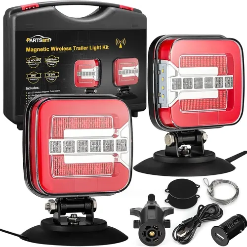 Partsam Wireless LED Trailer Light Kit, Square Portable Magnetic Stop Turn Reverse License Towing Tail Lights w/Metal Bracket 7-Pin Plug for Trucks Trailers 12-24V IP67 Waterproof