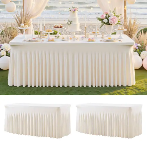 2-Pack Plain Elastane Tablecloths, Stretchy Ruffled Classic Rectangle Spandex Covers with 1-Piece-Fit Elastic Top Molded Snugly, 4ft/6ft/8ft Sizes, Washable, Stain-Resistant, Wrinkle-Resistant, Easy Install, Party Decor for Weddings, Elegant Home Supplies
