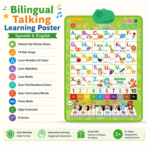 Bilingual English-Spanish Talking Wall Chart for Unisex Young Learners Ages 1-6, Christmas Interactive Language Toy with Songs, Alphabet, Numbers, Words, Educational Games, Home Use, Great Gift to Learn Numbers & Colors