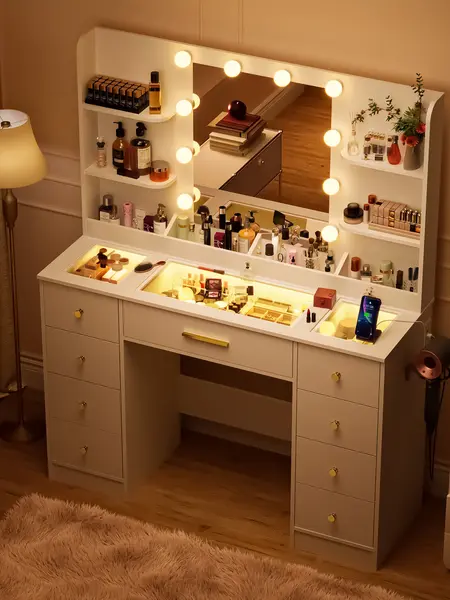 Vanity Desk, Makeup Vanity Desk with Mirror and Lights, Transparent Top with RGB Drawers, 3 Shelves, Large Tempered Cabinets, Power Outlet, for Bedroom, White