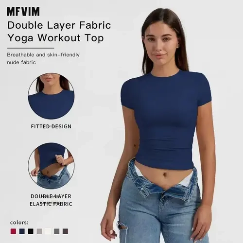 MFVIM Women's Slim-Fitting Crew Neck Raglan Short-Sleeve Double-Layer Breathable Athletic Shirt - Active Sportswear Workout Top for Yoga, Gym, Summer Travel
