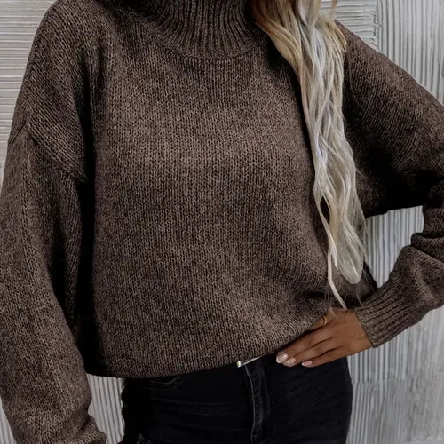 Women's Solid Drop Shoulder High Neck Sweater, Casual Long Sleeve Jumper for Fall & Winter, Fashion Ladies' Knitwear for Daily Wear, Fall Knit Top
