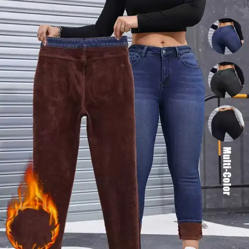 【Black Friday】Women's Basic Fleece-Lined High Waist Jeans, Slim-Fit Woven Denim Pants for Fall & Winter, Chic Bottoms, Thermal Trousers