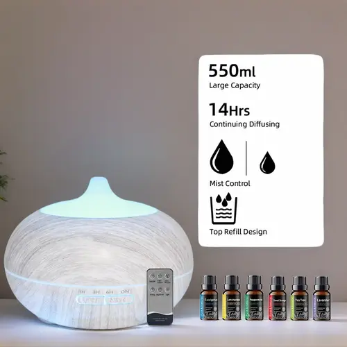 550ml Wood Grain Aromatherapy Machine Humidifier with Remote, 6 Essential Oils, 7-Color LED Lighting, USB Power, Auto-Cut Off, Mist + Lights, PP Plastic, 15 sq m Coverage for Home Use